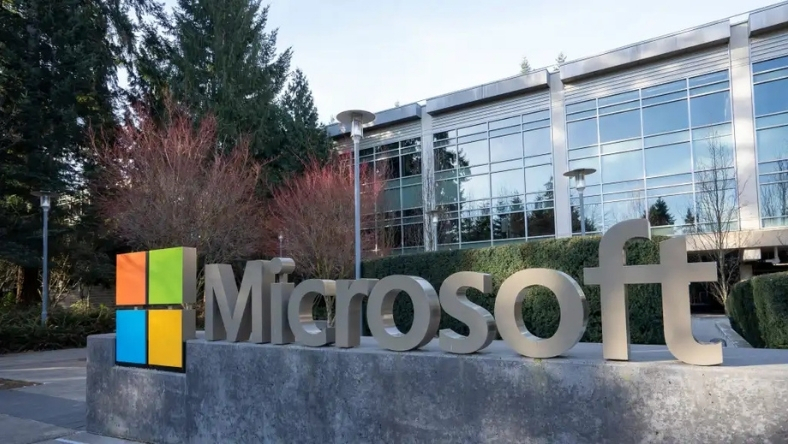 Microsoft logo displayed outside a corporate office building