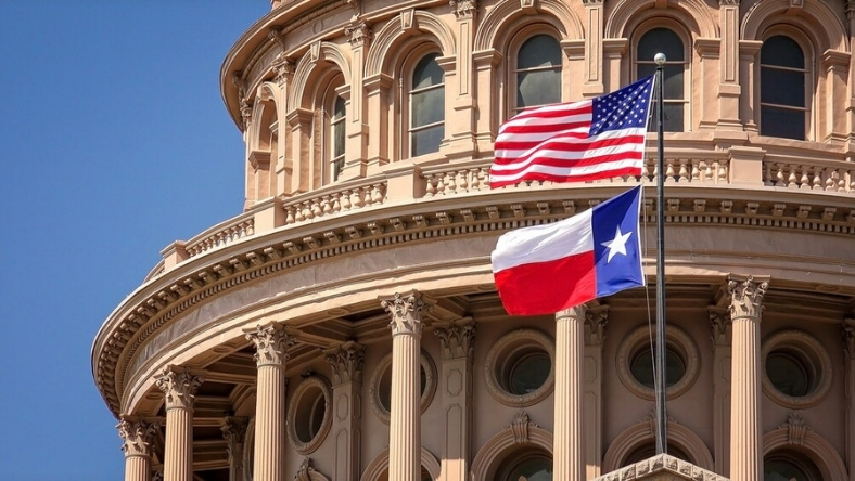 Texas State Capitol with US and Texas flags