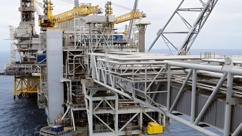 Offshore oil and gas platform with steel framework and elevated pipelines