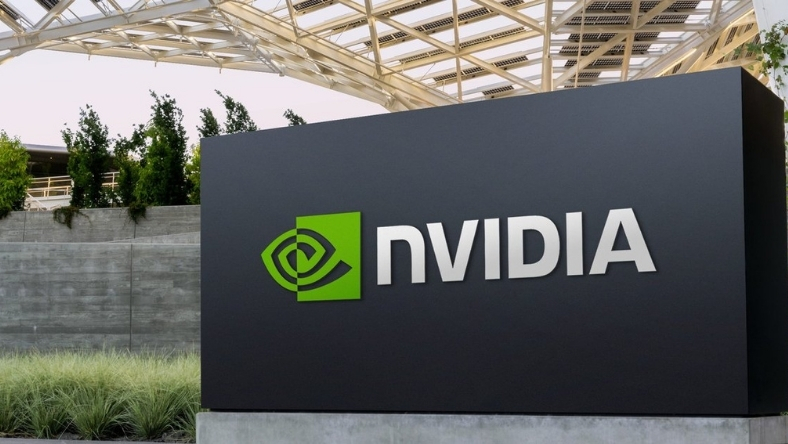 NVIDIA logo displayed on a large outdoor corporate sign